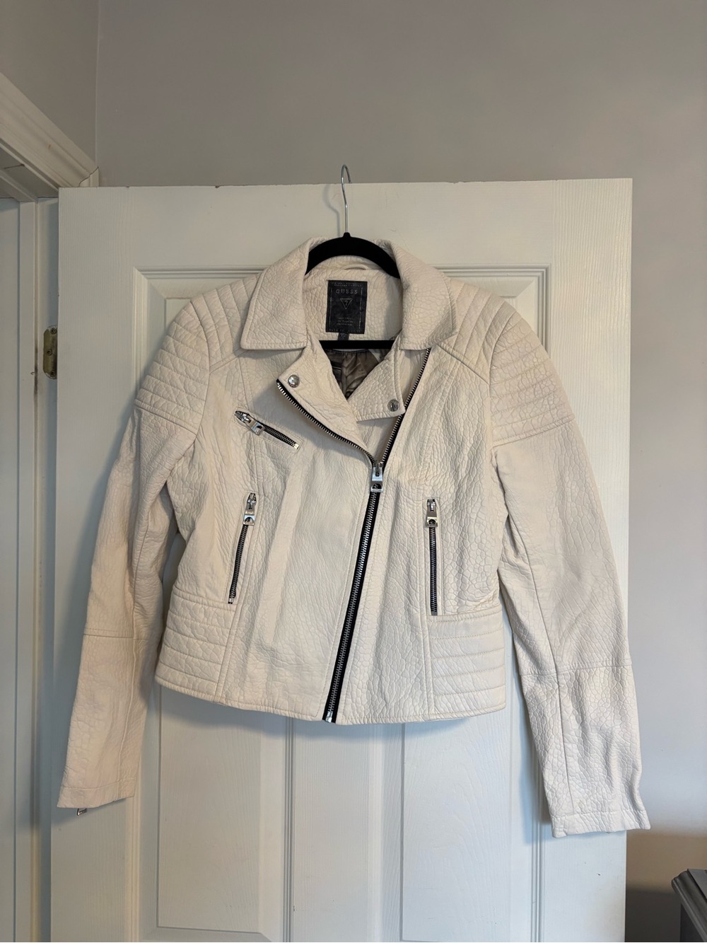Guess Cream Biker Leather Jacket with Quilted Accents